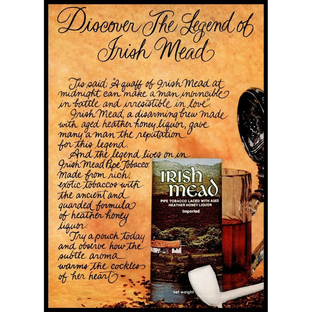 1972 Irish Mead Pipe Tobacco Vintage Print Ad Legend Honey Liquor Wall Art Decor